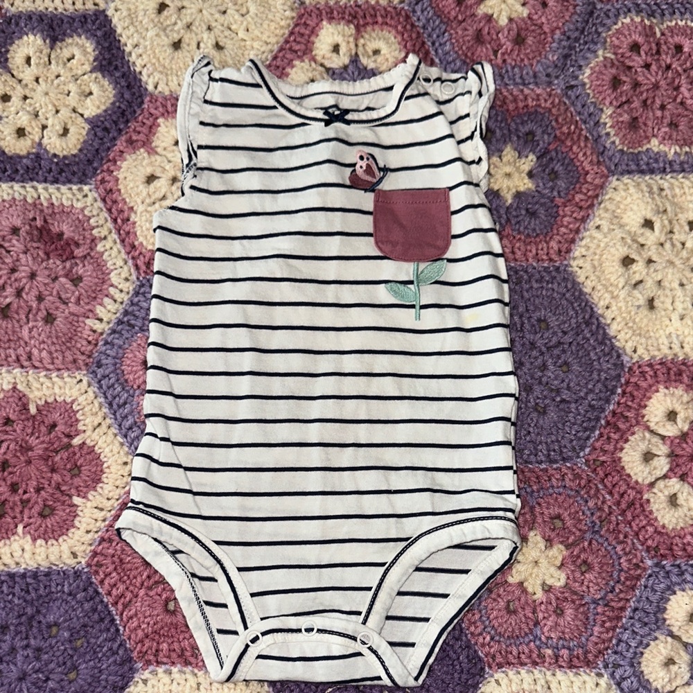 🎉Carter's White and Navy Striped Tank One-Piece with Pink Pocket. E419